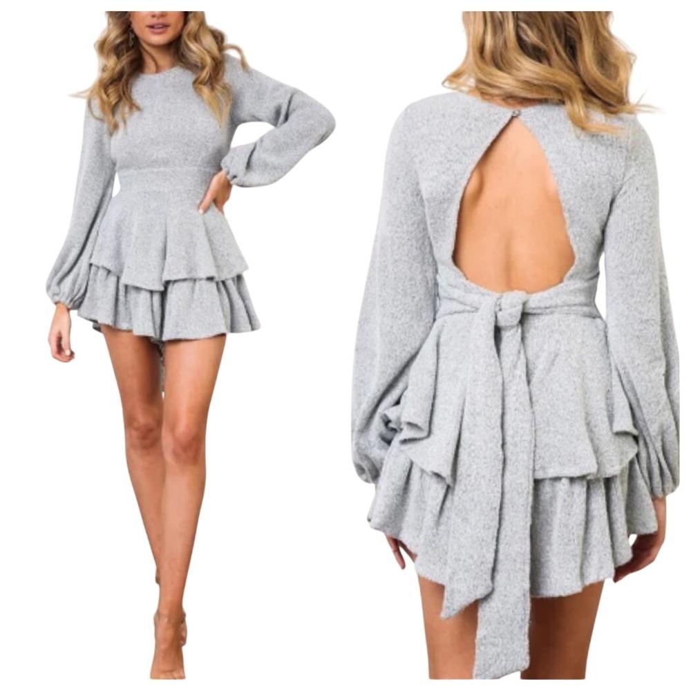 Aura The Label Knit Open Back Tiered Ruffle Romper S Gray Coquette Balletcore